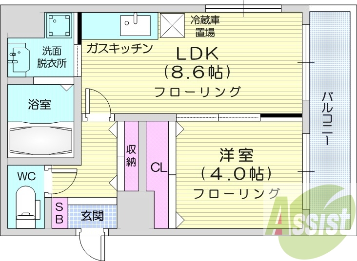 1LDK、オートロック、ウォシュレット、都市ガス