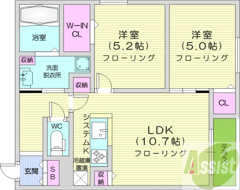 2ＬＤＫ、エアコン、都市ガス、システムキッチン