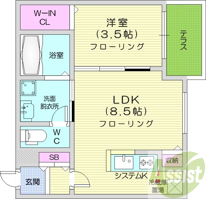 1ＬＤＫ、エアコン、都市ガス、システムキッチン