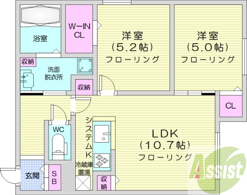 2ＬＤＫ、エアコン、都市ガス、システムキッチン