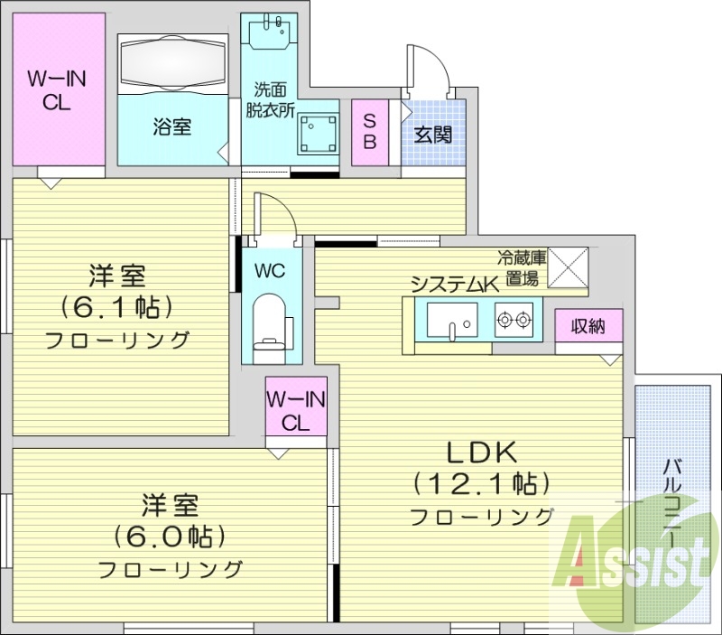 2LDK、エアコン、都市ガス、システムキッチン