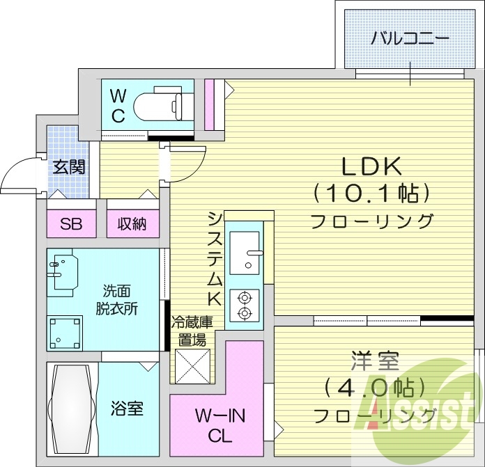 1LDK、エアコン、都市ガス、システムキッチン