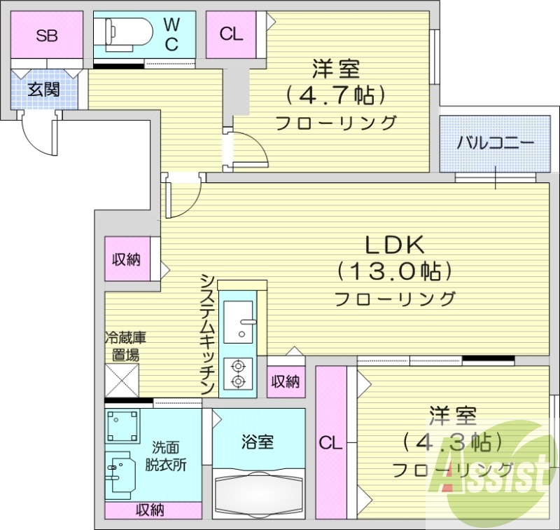 2LDK、エアコン、都市ガス、システムキッチン