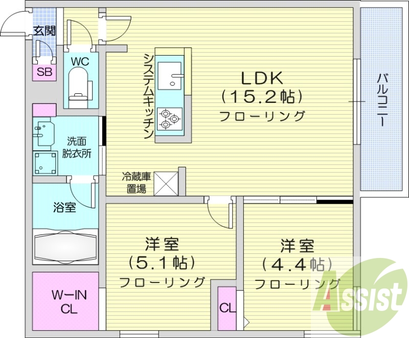 2ＬＤＫ、エアコン、都市ガス、システムキッチン