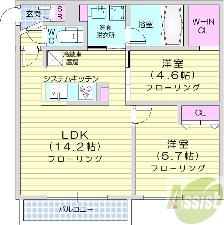 2ＬＤＫ、エアコン、都市ガス、システムキッチン