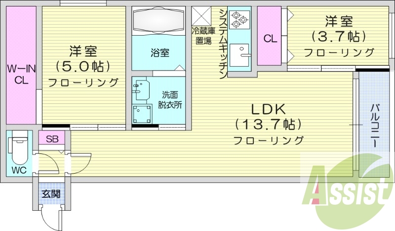 2LDK、都市ガス、エアコン、浴室乾燥機、独立洗面台