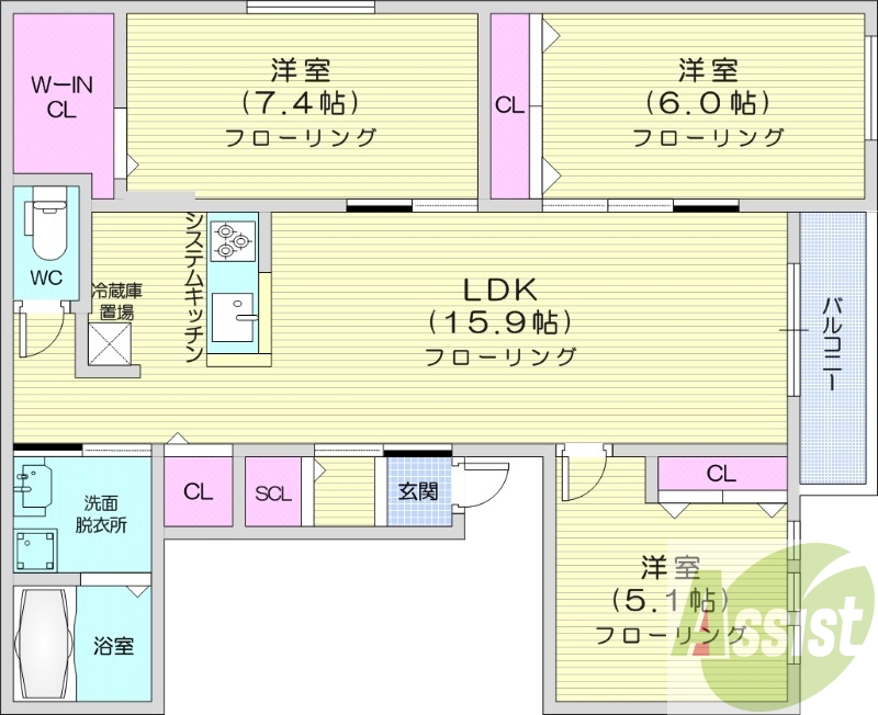 3LDＫ、エアコン、システムキッチン、ペット可