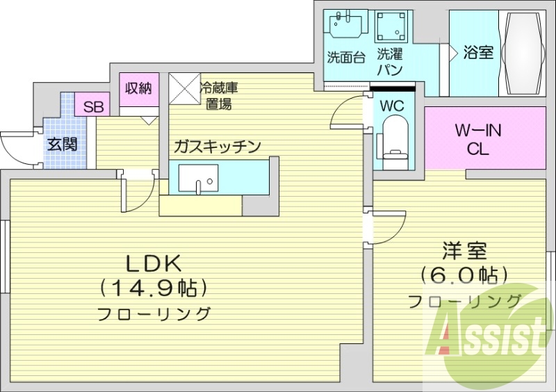1LDK、カウンターキッチン、浴室乾燥機、追い焚き