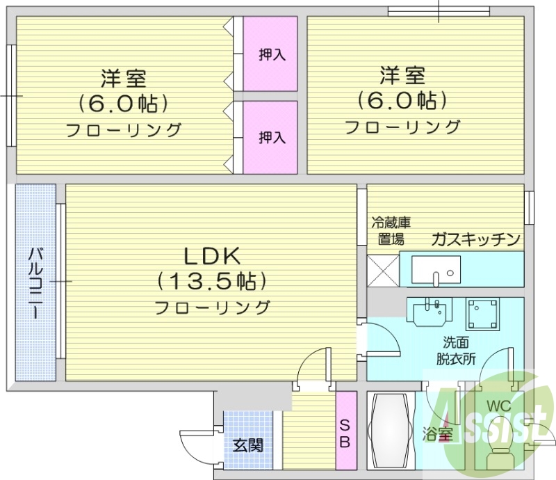 2LDK、独立洗面台、バルコニー、灯油暖房