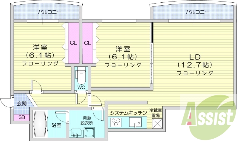 2LDK、オール電化、システムキッチン、独立洗面台