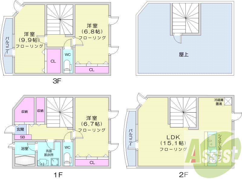 3LDK、エアコン、システムキッチン、追い焚き、浴室乾燥機