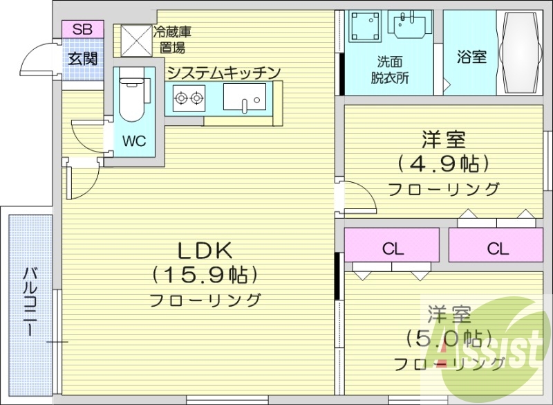 2LDK、エアコン、都市ガス、ペット飼育可