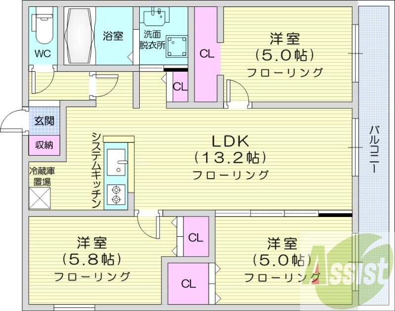 3LDK、エアコン、都市ガス、ペット飼育可