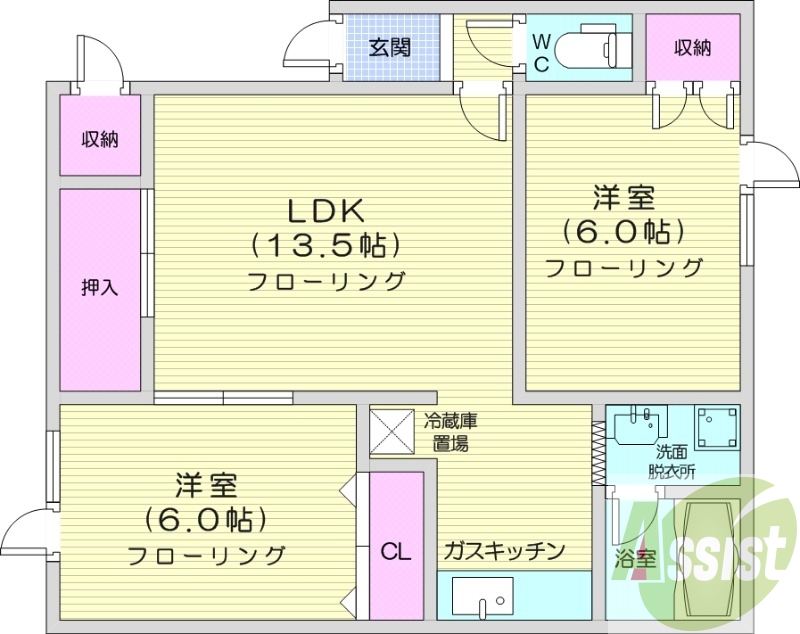 2LDK、独立洗面台、トランクルーム、シャワートイレ