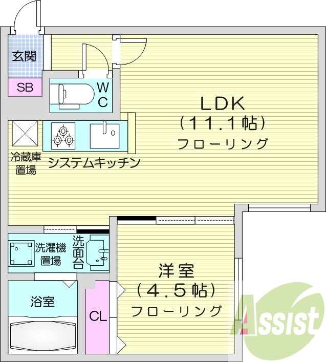 1LDK、システムキッチン、エアコン、ネット使用料無料