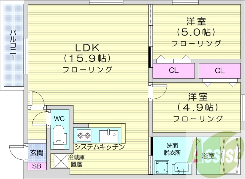 2LDK、エアコン、都市ガス、ペット飼育可