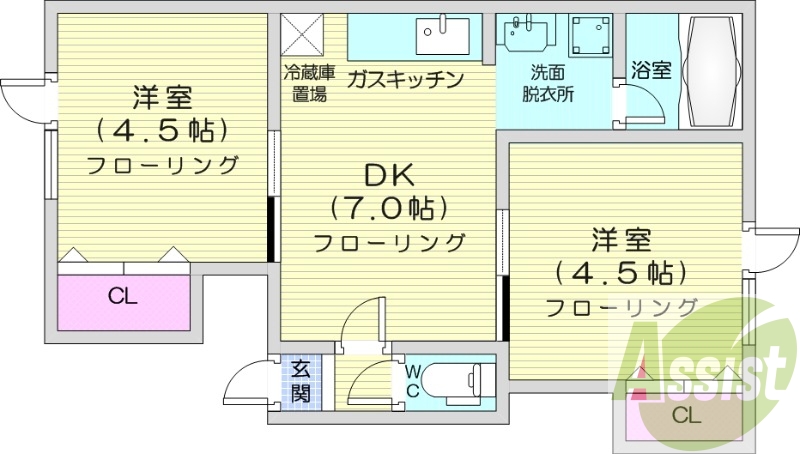 2DK、カメラ付きインターホン、バストイレ別
