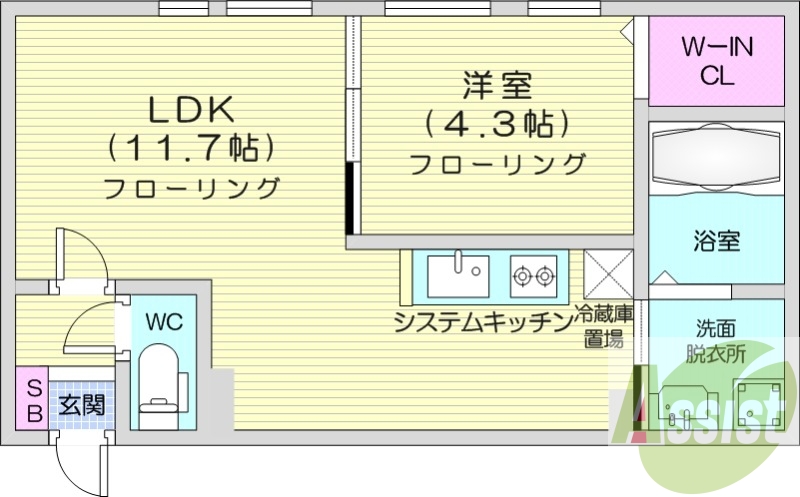 1LDK、エアコン、システムキッチン、都市ガス