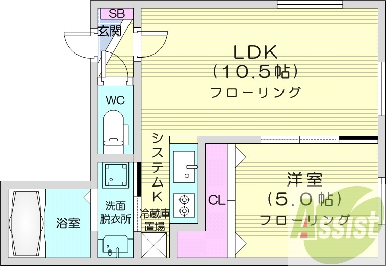 1LDK、エアコン、システムキッチン、都市ガス