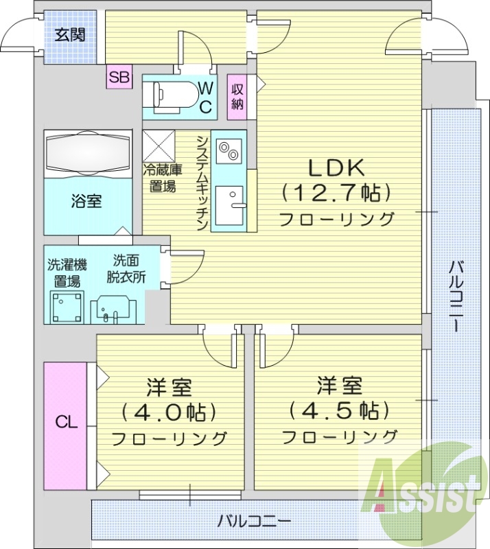 2LDK、システムキッチン、ウォシュレット