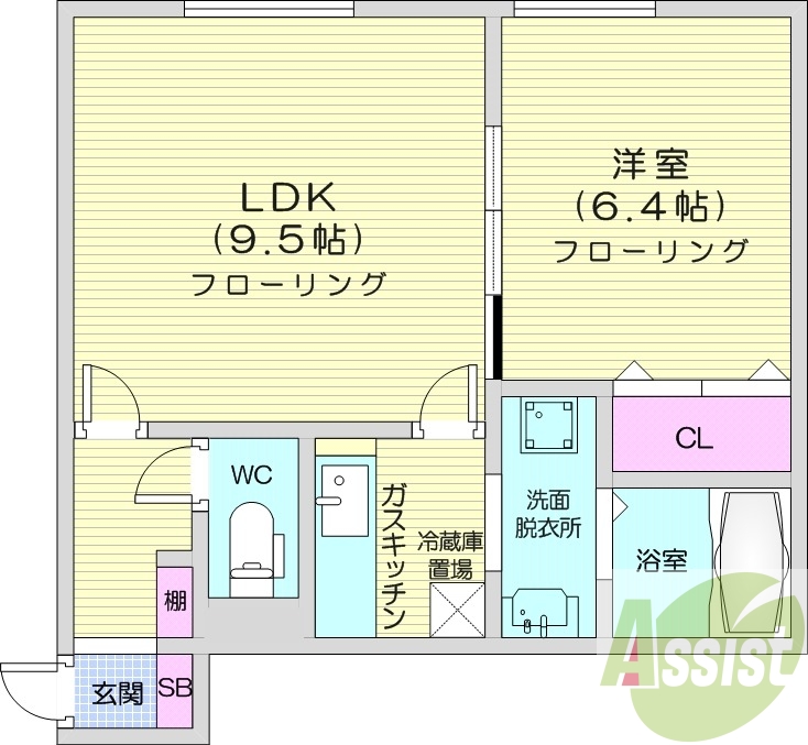 1LDK、バストイレ別、洗髪洗面化粧台、灯油暖房