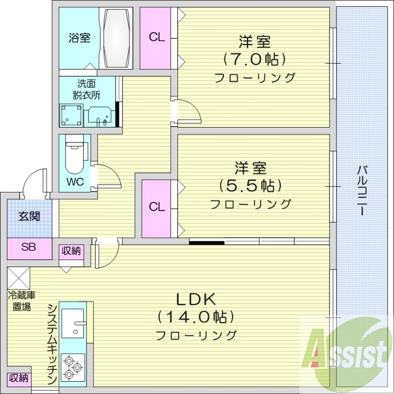 2LDK、エアコン、オートロック、独立洗面台、