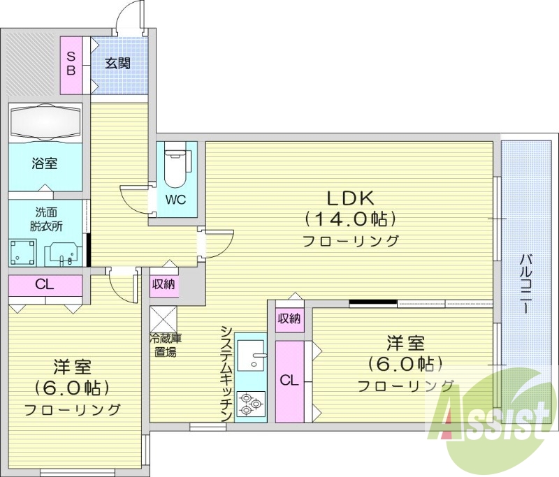 2LDK、エアコン、オートロック、独立洗面台、