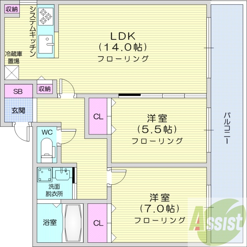 2LDK、エアコン、オートロック、独立洗面台、