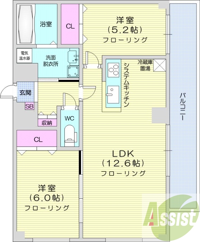 2LDK、オール電化、エアコン、システムキッチン、追い焚き