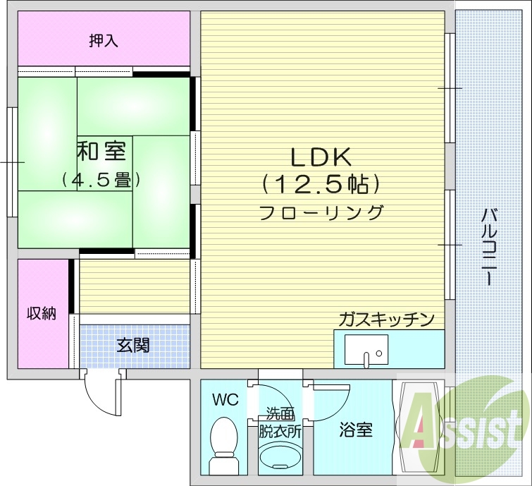 １LDK、バス・トイレ別、追い焚き、都市ガス