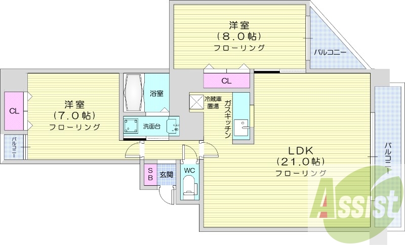2LDK、都市ガス、オートロック、ウォシュレット