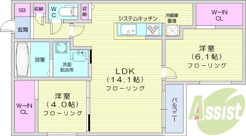 2ＬＤＫ、エアコン、都市ガス、システムキッチン