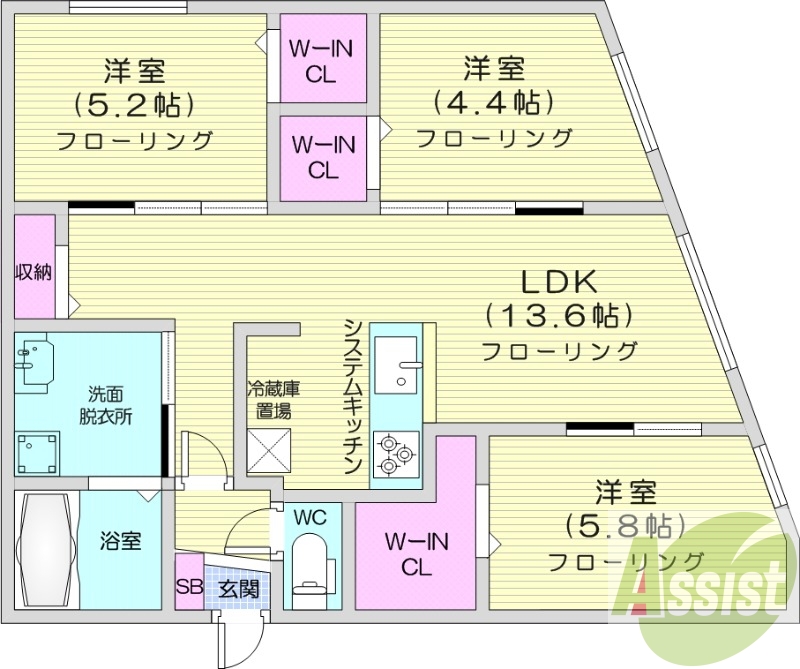 3ＬＤＫ、エアコン、都市ガス、システムキッチン