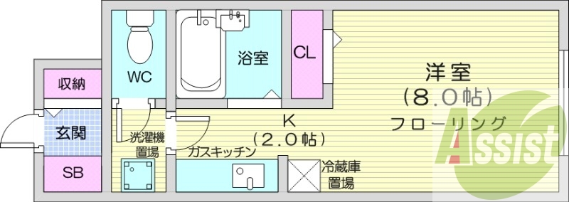 1K、バストイレ別、オートロック、シューズボックス