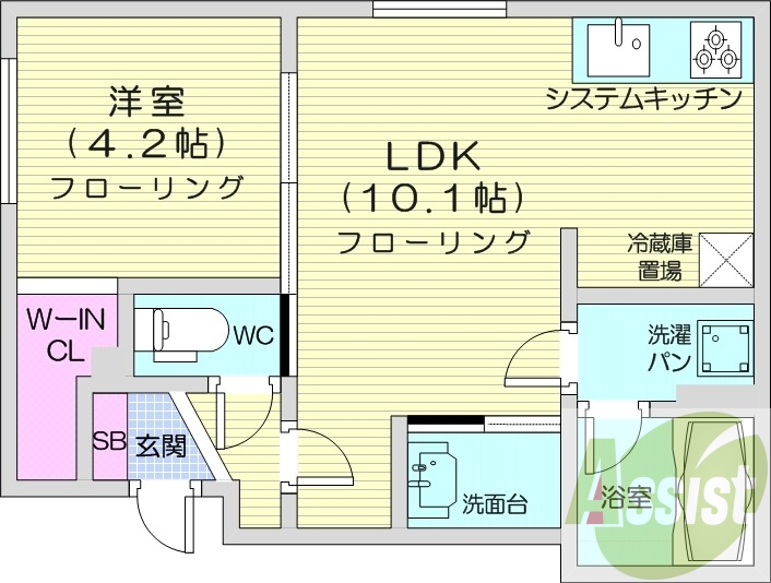 1LDK、システムキッチン、エアコン、独立洗面台