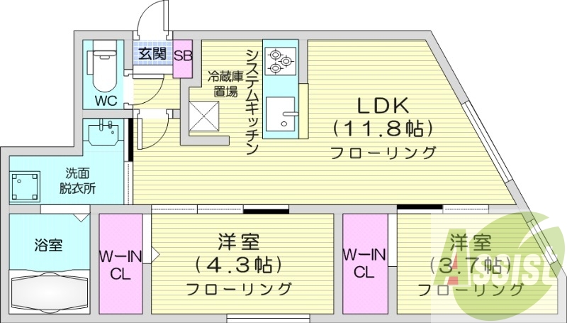 2ＬＤＫ、エアコン、都市ガス、システムキッチン