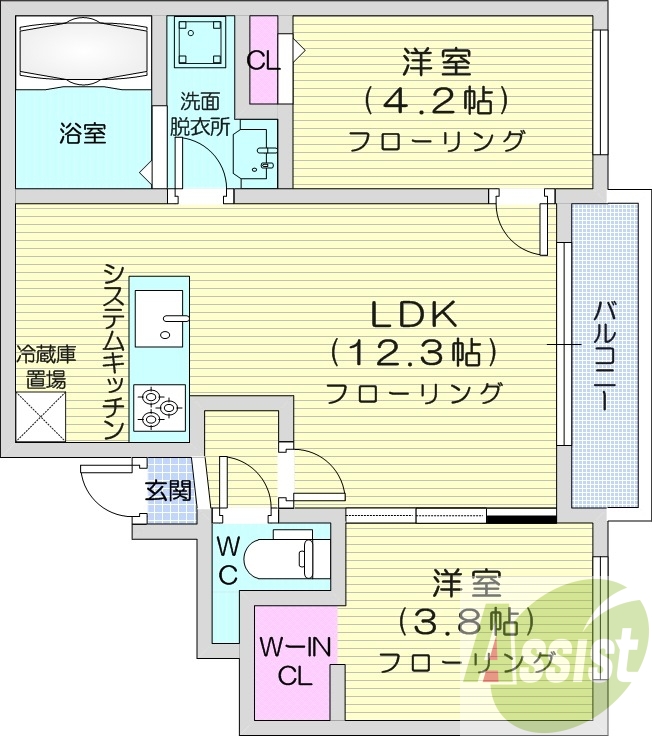 2LDK、エアコン、都市ガス、ウォークインクローゼット