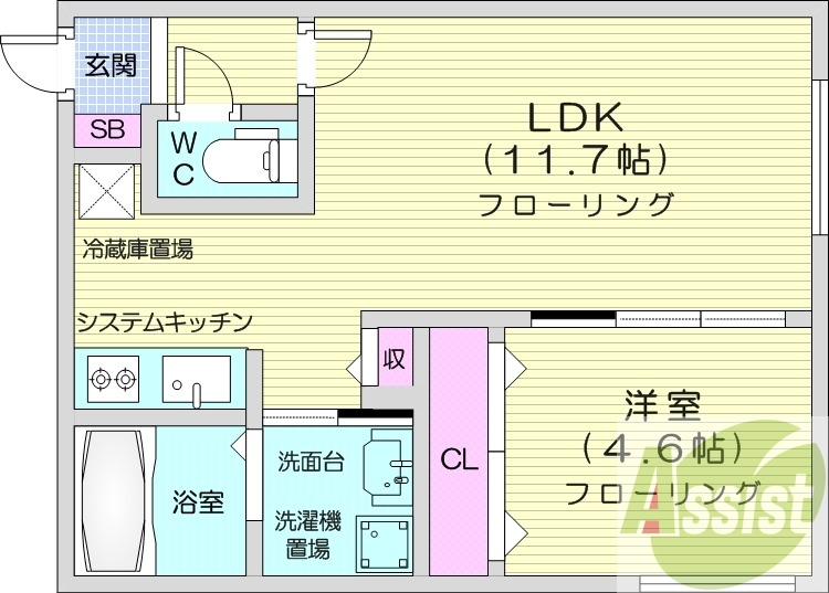 1LDK、エアコン、独立洗面台、システムキッチン、
