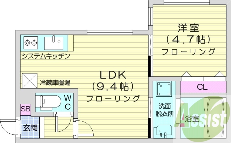 1LDK、都市ガス、エアコン、システムキッチン