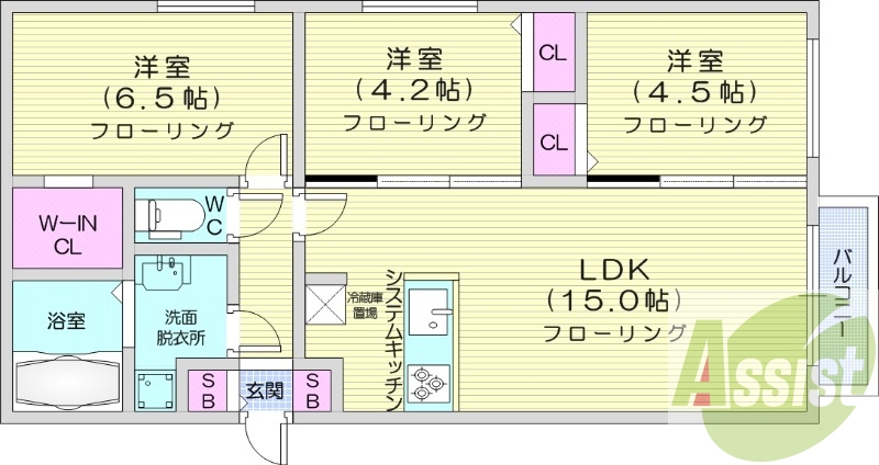 3LDK、エアコン、都市ガス、ウォークインクローゼット