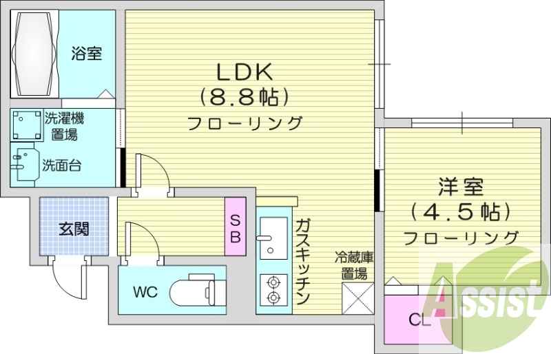 1LDK、都市ガス、エアコン、システムキッチン