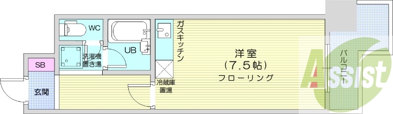 1R、オートロック、バストイレ別、ガスFF暖房