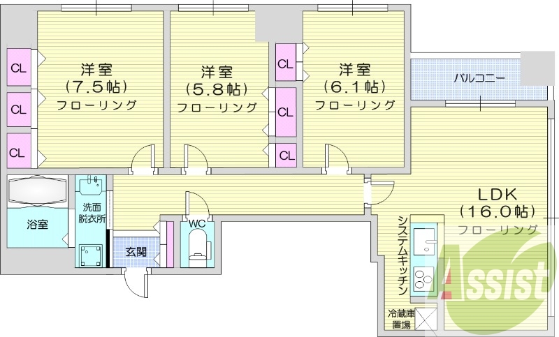 3LDK、クローゼット、システムキッチン、ウォシュレット