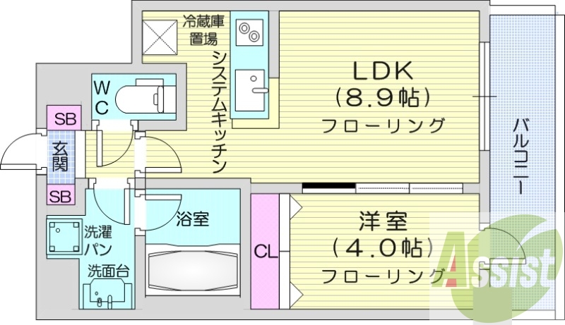1LDK、オール電化、浴室乾燥機、システムキッチン