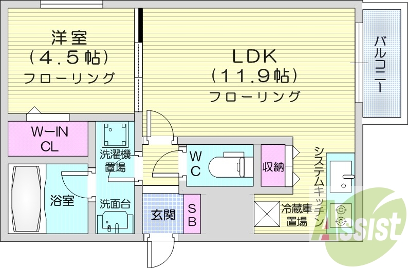 1LDK、エアコン、浴室乾燥機、システムキッチン