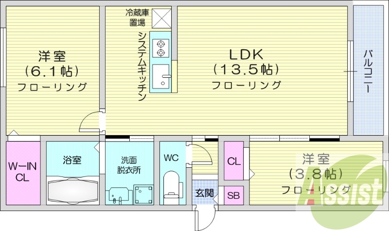 2LDK、エアコン、ペット可、システムキッチン