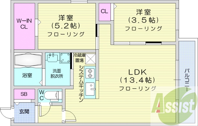2LDK、エアコン、ペット可、システムキッチン