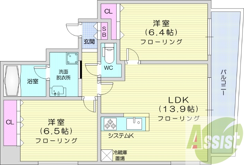 2LDK、都市ガス、ペット可、システムキッチン、宅配ボックス