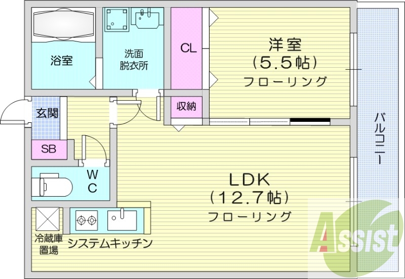 1LDK、システムキッチン、都市ガス、エアコン