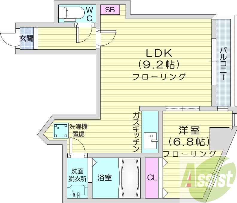 1LDK、クローゼット、洗面脱衣所、バルコニー、南西向き